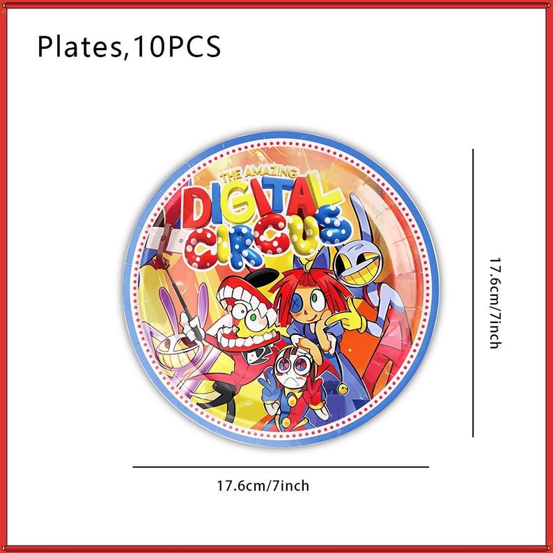 May include: A set of 10 round paper plates featuring The Amazing Digital Circus graphic print with colorful cartoon characters. Each plate measures 7 inches in diameter, with a blue border and red dotted trim against a yellow background.
