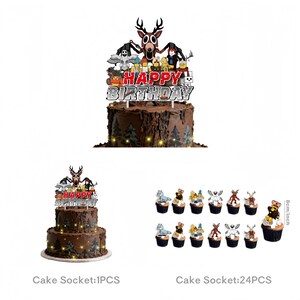 99 Nights in the Forest Birthday Party Decor Set | Banner, Backdrop, Balloons, Cake Topper & Tableware | Magical Kids Gamer Party Supplies 25PCS Cake Socket