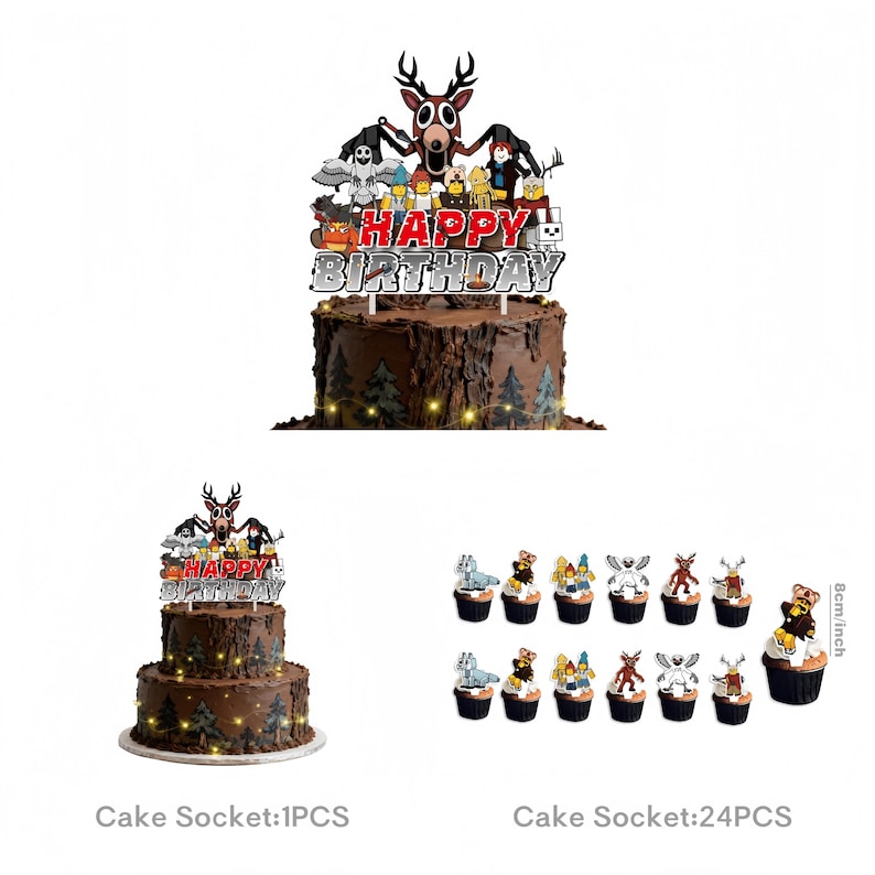 99 Nights in the Forest Birthday Party Decor Set | Banner, Backdrop, Balloons, Cake Topper & Tableware | Magical Kids Gamer Party Supplies 25PCS Cake Socket