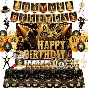 May include: A music-themed birthday party set featuring a black and gold backdrop with a silhouette of a performer, a banner spelling HAPPY BIRTHDAY, black and orange balloons, a cake with a topper, cupcakes, plates, and a patterned tablecloth.