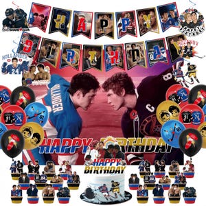 May include: A birthday party decoration set featuring hockey-themed elements. Includes a banner spelling "HAPPY BIRTHDAY", balloons, cupcake toppers, and a cake. The color scheme is red, blue, and black.