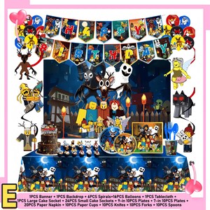 99 Nights in the Forest Birthday Party Decor Set | Banner, Backdrop, Balloons, Cake Topper & Tableware | Magical Kids Gamer Party Supplies Set E