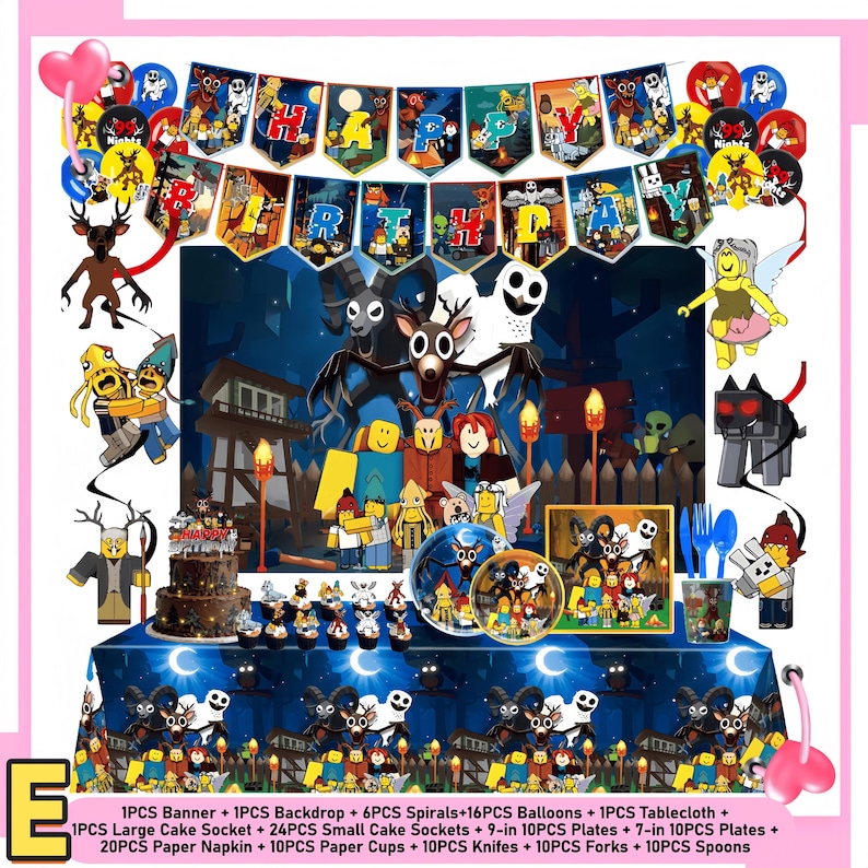 99 Nights in the Forest Birthday Party Decor Set | Banner, Backdrop, Balloons, Cake Topper & Tableware | Magical Kids Gamer Party Supplies Set E