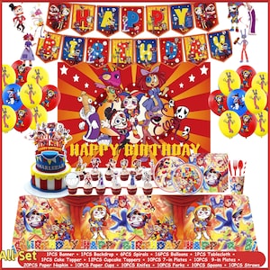May include: A party supply set featuring a banner, backdrop, balloons, cake topper, cupcake toppers, plates, napkins, cups, cutlery, and a tablecloth. All items display colorful cartoon characters and the text HAPPY BIRTHDAY in a circus theme.