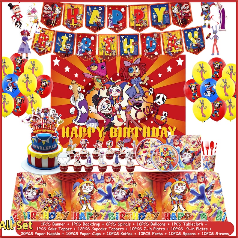 May include: A party supply set featuring a banner, backdrop, balloons, cake topper, cupcake toppers, plates, napkins, cups, cutlery, and a tablecloth. All items display colorful cartoon characters and the text HAPPY BIRTHDAY in a circus theme.