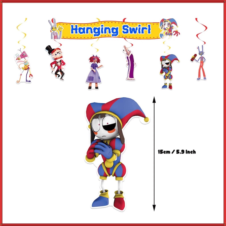 May include: A set of hanging swirl decorations featuring various cartoon characters and a banner with the text Hanging Swirl. A central jester character is shown with a height measurement of 5.9 inches indicated by a double-sided arrow.