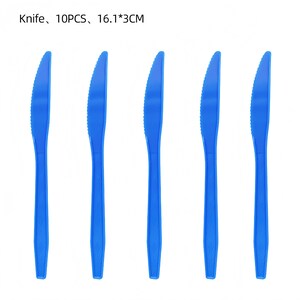 May include: Five blue plastic knives with serrated edges are displayed against a white background. The text "Knife, 10PCS, 16.1*3CM" is visible at the top. Each knife is approximately 6.3 inches long.