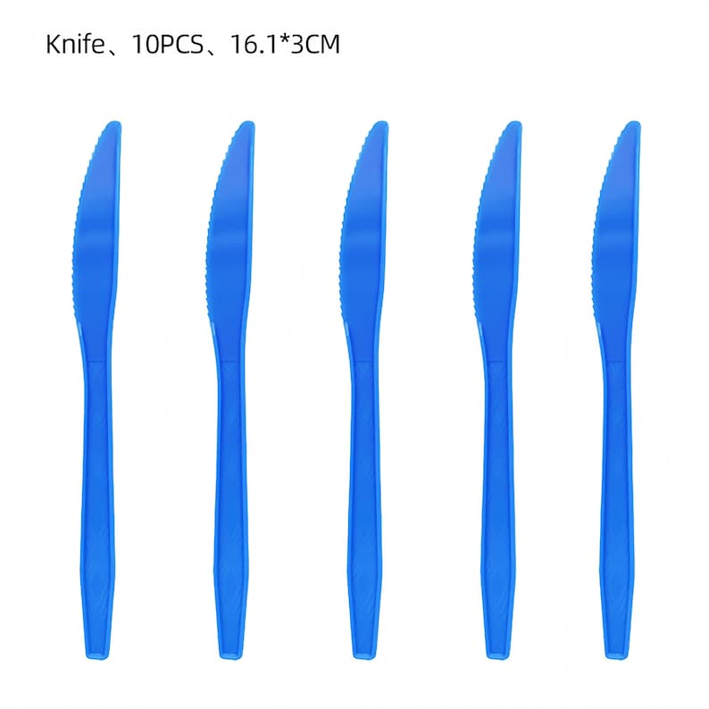 May include: Five blue plastic knives with serrated edges are displayed against a white background. The text "Knife, 10PCS, 16.1*3CM" is visible at the top. Each knife is approximately 6.3 inches long.