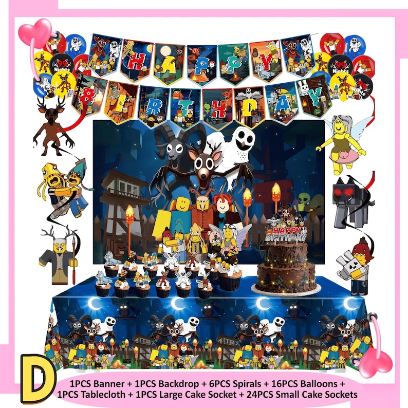 99 Nights in the Forest Birthday Party Decor Set | Banner, Backdrop, Balloons, Cake Topper & Tableware | Magical Kids Gamer Party Supplies Set D