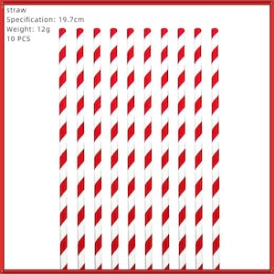 May include: Ten drinking straws with a red and white diagonal striped pattern. The text on the image reads: straw, Specification: 19.7cm, Weight: 12g, 10 PCS. Each straw is cylindrical and features a consistent repeating color design.