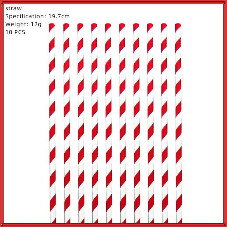 May include: Ten drinking straws with a red and white diagonal striped pattern. The text on the image reads: straw, Specification: 19.7cm, Weight: 12g, 10 PCS. Each straw is cylindrical and features a consistent repeating color design.