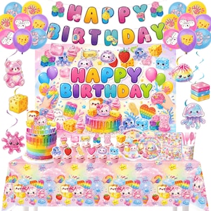 May include: A birthday party decoration set featuring a colorful banner with the text Happy Birthday, a rainbow cake, cupcakes, and a tablecloth. The items are decorated with illustrations of cute animals, food, and shapes in pastel colors.