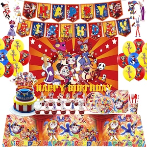 May include: A party decoration set featuring a Happy Birthday banner, a large rectangular backdrop, balloons, a cake topper, cupcake toppers, plates, and a tablecloth, all decorated with colorful cartoon characters and circus-themed patterns.