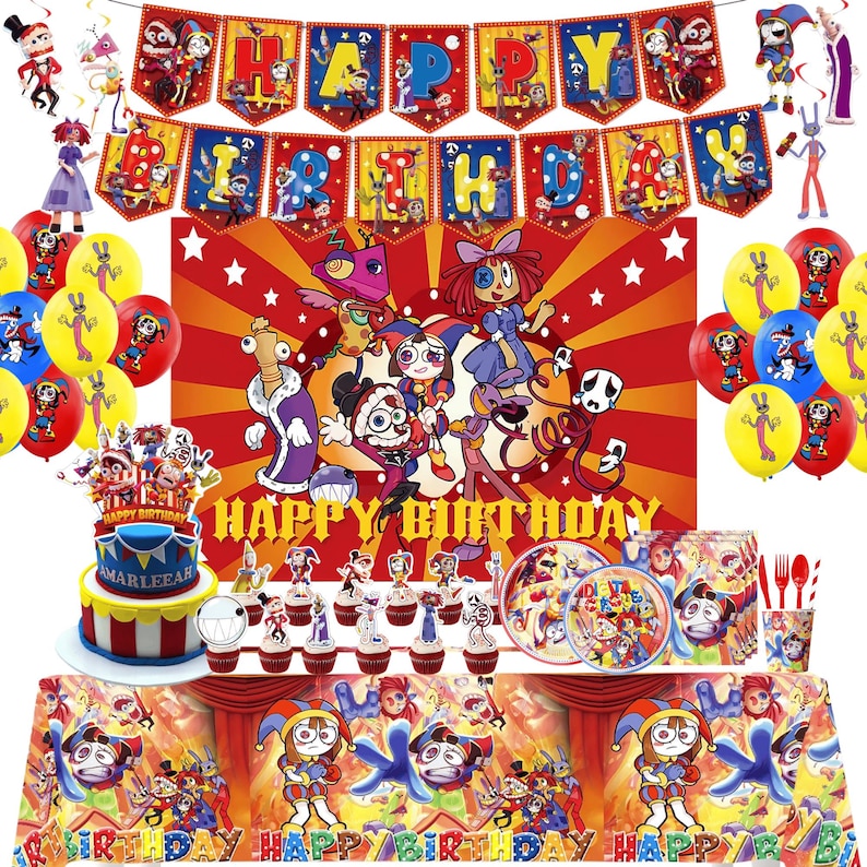 May include: A party decoration set featuring a Happy Birthday banner, a large rectangular backdrop, balloons, a cake topper, cupcake toppers, plates, and a tablecloth, all decorated with colorful cartoon characters and circus-themed patterns.