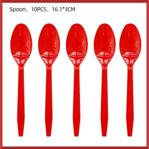 May include: A set of 10 bright red plastic spoons, each measuring 16.1 by 3 cm. The spoons feature a smooth, oval-shaped bowl and a straight, slender handle. The text 'Spoon, 10PCS, 16.1*3CM' is printed in black at the top of the image.