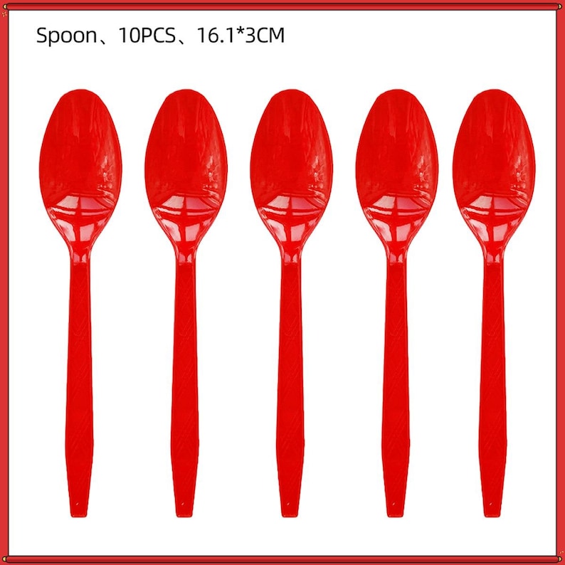 May include: A set of 10 bright red plastic spoons, each measuring 16.1 by 3 cm. The spoons feature a smooth, oval-shaped bowl and a straight, slender handle. The text 'Spoon, 10PCS, 16.1*3CM' is printed in black at the top of the image.
