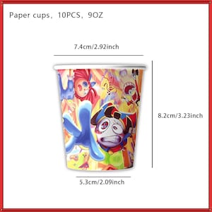 May include: A set of 10 paper cups, each with a 9 oz capacity. The cup features a colorful cartoon graphic with multiple characters. Dimensions are clearly marked: a 2.92 inch top diameter, a 2.09 inch base diameter, and a 3.23 inch height.