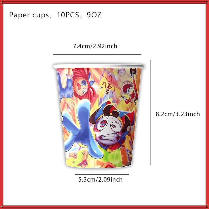 May include: A set of 10 paper cups, each with a 9 oz capacity. The cup features a colorful cartoon graphic with multiple characters. Dimensions are clearly marked: a 2.92 inch top diameter, a 2.09 inch base diameter, and a 3.23 inch height.