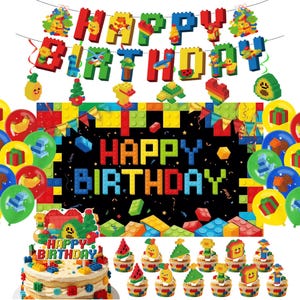 May include: A colorful birthday party decoration set featuring a banner that says "Happy Birthday" in block letters, balloons, a cake, and cupcakes. The decorations are designed to look like building blocks, with various shapes and colors.