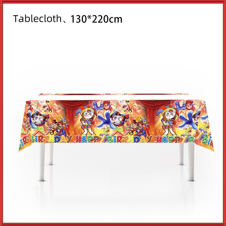 May include: A rectangular tablecloth measuring 130 by 220 cm, featuring a colorful cartoon print of jester characters and the text "HAPPY BIRTHDAY" repeated across the fabric. The design includes red curtains and various animated figures.