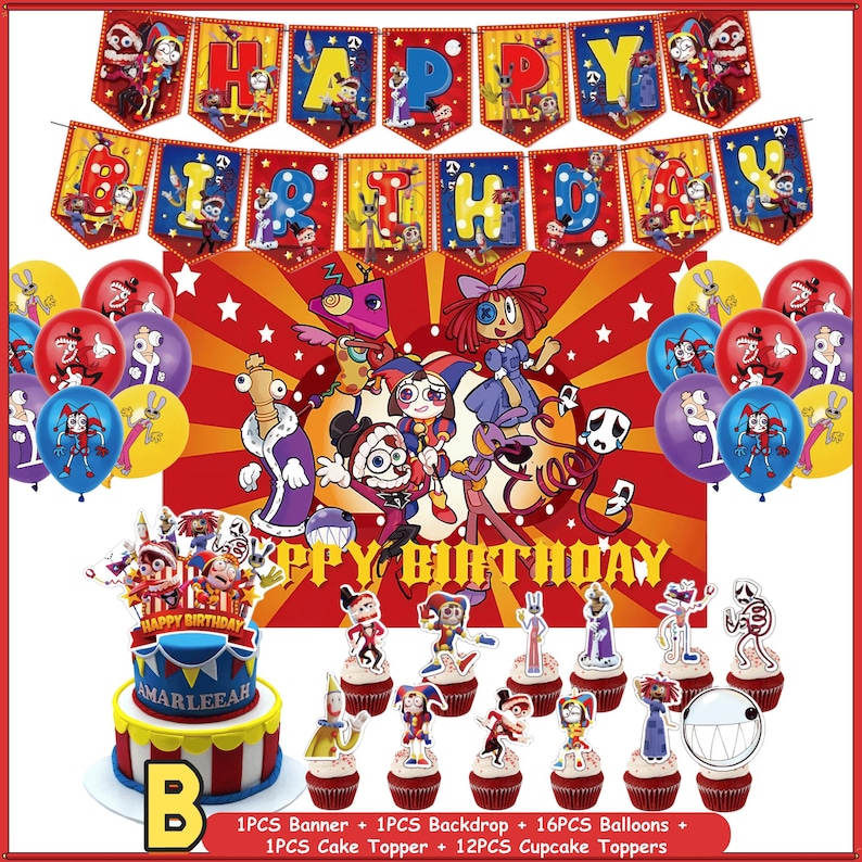 May include: A party decoration set featuring a Happy Birthday banner, a large rectangular backdrop with cartoon characters, sixteen balloons, one cake topper, and twelve cupcake toppers. The items display colorful illustrations of various animated figures.