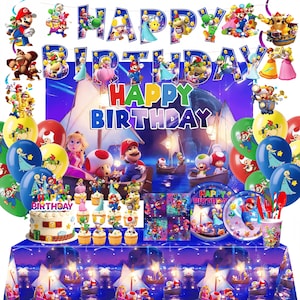 Può includere: Un set per feste di compleanno a tema Super Mario, con palloncini, una torta, cupcake, piatti, bicchieri e uno striscione con la scritta "Happy Birthday". I colori dominanti sono blu, rosso e giallo.