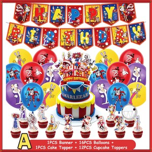 May include: A party decoration set featuring a Happy Birthday banner, 16 balloons, a cake topper, and 12 cupcake toppers. The items display colorful cartoon characters, red and blue patterns, and the text Happy Birthday and AMARLEEAH.