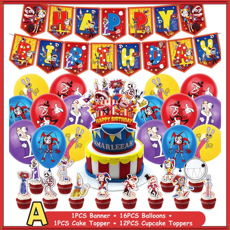 May include: A party decoration set featuring a Happy Birthday banner, 16 balloons, a cake topper, and 12 cupcake toppers. The items display colorful cartoon characters, red and blue patterns, and the text Happy Birthday and AMARLEEAH.