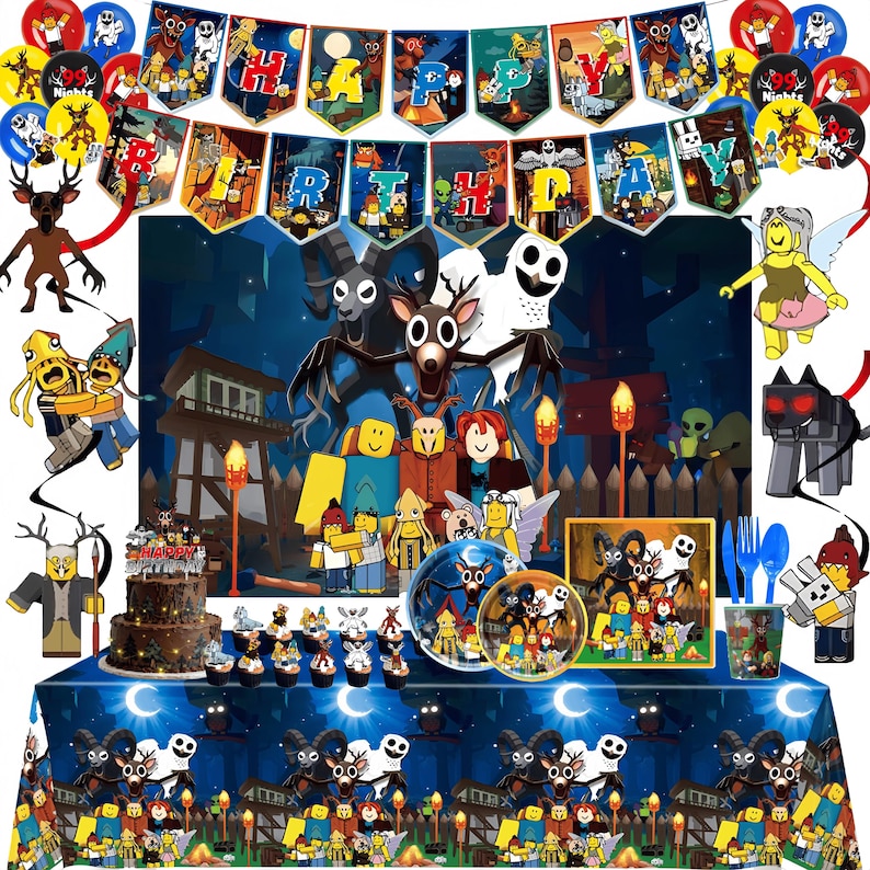 99 Nights in the Forest Birthday Party Decor Set | Banner, Backdrop, Balloons, Cake Topper & Tableware | Magical Kids Gamer Party Supplies image 1