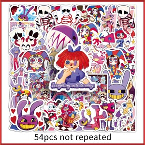 May include: A collection of 54 non-repeating stickers featuring colorful cartoon characters, including jesters, rabbits, and abstract figures. A central sticker depicts a doll with red hair and a blue dress with the text Everything will be okay.