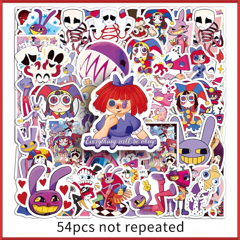 May include: A collection of 54 non-repeating stickers featuring colorful cartoon characters, including jesters, rabbits, and abstract figures. A central sticker depicts a doll with red hair and a blue dress with the text Everything will be okay.