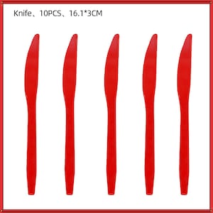 May include: A set of ten red plastic knives, each measuring 16.1 cm by 3 cm. The knives feature a serrated edge on the blade and a textured pattern on the handle. The text "Knife, 10PCS, 16.1*3CM" is printed at the top of the image.