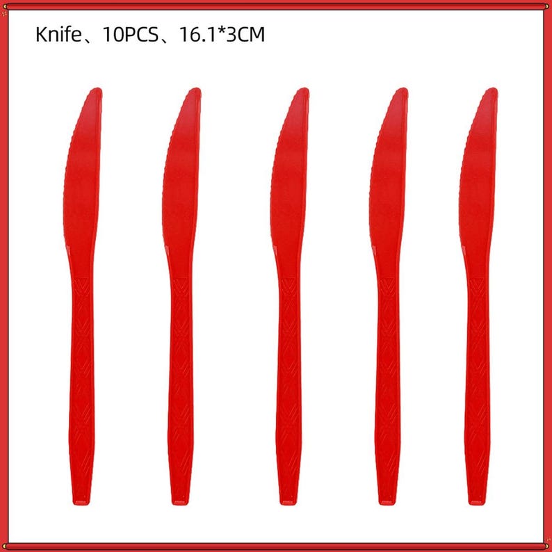 May include: A set of ten red plastic knives, each measuring 16.1 cm by 3 cm. The knives feature a serrated edge on the blade and a textured pattern on the handle. The text "Knife, 10PCS, 16.1*3CM" is printed at the top of the image.