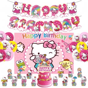 Set de decoraciones para fiesta de cumpleaños de H*llo K*tty: pancarta, fondo, globos, adornos para pasteles y cupcakes para niñas, suministros para fiestas rosas, regalos de fiesta