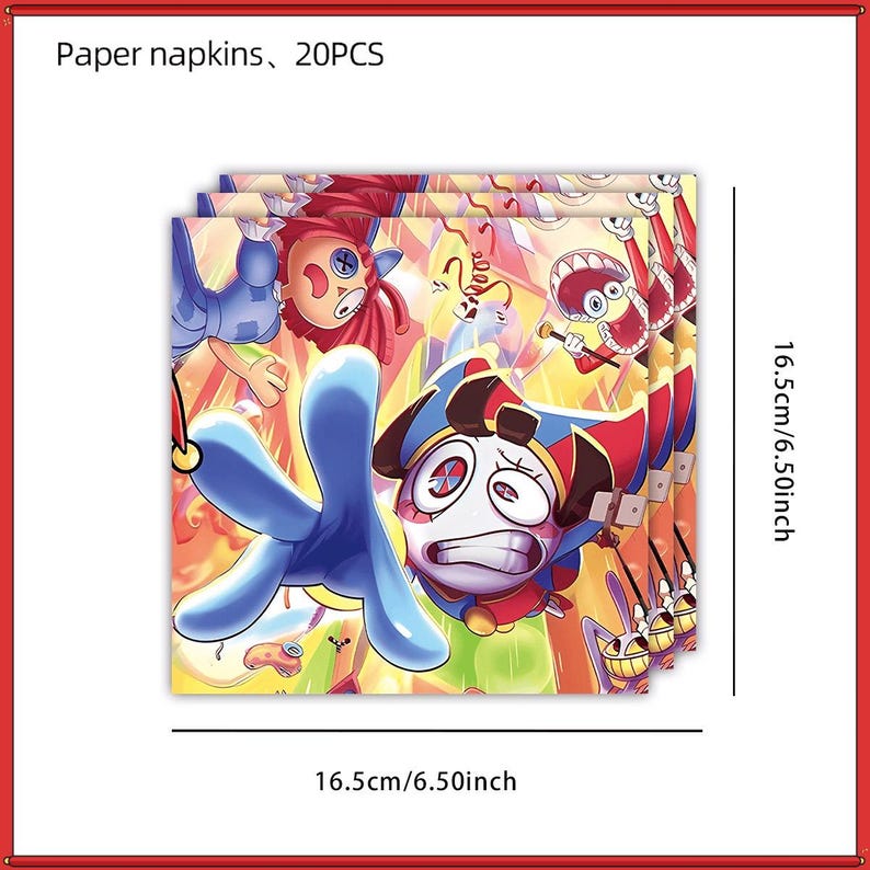 May include: A set of 20 paper napkins featuring a colorful cartoon illustration of characters with large eyes and expressive faces. The napkins measure 6.50 inches by 6.50 inches. The design includes vibrant shades of red, blue, and yellow.