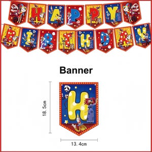 May include: A birthday banner featuring individual pennants with red backgrounds, yellow polka-dot letters, and cartoon character illustrations. A single pennant is shown with a measuring tool indicating a height of 18.5 cm and a width of 13.4 cm.