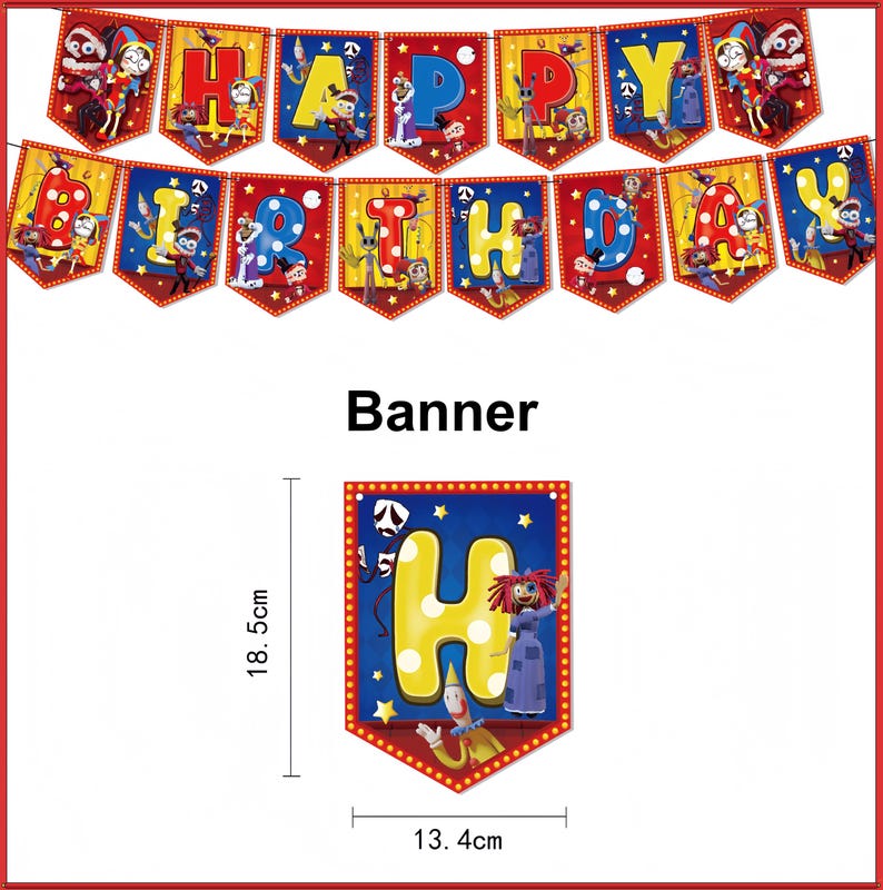 May include: A birthday banner featuring individual pennants with red backgrounds, yellow polka-dot letters, and cartoon character illustrations. A single pennant is shown with a measuring tool indicating a height of 18.5 cm and a width of 13.4 cm.