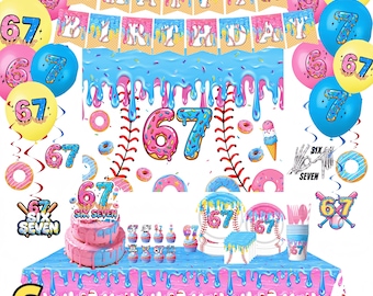 6-7th Kids Birthday Decor Kit - Donut & Baseball Drip Theme | Banner, Backdrop, Balloons ,Tableware ,Six Seven Inspired Party  Supplies
