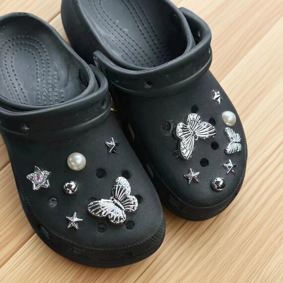 Butterfly and Star Shoe Charms for Crocs, Pearl Silver Clog