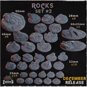 May include: A selection of grey, textured rock models in various sizes, labelled as "ROCKS SET #2". Sizes include 50mm, 40mm, 28mm, 60x35mm, 32mm, and 25mm. The text "DECEMBER RELEASE" is also visible.