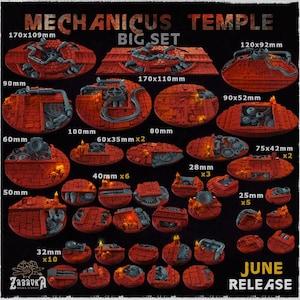 May include: An advertisement for the "Mechanicus Temple Big Set" showing red and grey miniature terrain pieces. The set includes pieces of various sizes, with the largest piece measuring 170x109mm. The image also includes the text "June Release".