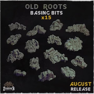 Puede incluir: Un conjunto de 15 piezas de resina gris para bases titulado OLD ROOTS BASING BITS x15. La colección presenta varios elementos de terreno en miniatura que representan ruinas de piedra entrelazadas con raíces de árboles gruesas y nudosas.