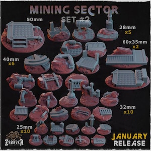 May include: A collection of gray miniature mining sector terrain pieces, including platforms, pipes, and structures, set on reddish-brown bases. The set includes pieces of various sizes, such as 50mm, 40mm, 28mm, 60x35mm, 32mm, and 25mm. The text "MINING SECTOR SET #2" is visible.