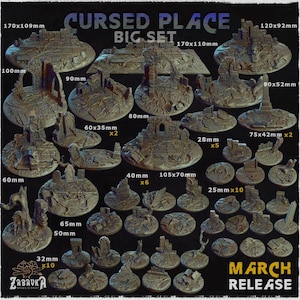 Puede incluir: Un conjunto de piezas de terreno en miniatura para juegos de mesa, con estructuras y paisajes en ruinas. El conjunto incluye varios tamaños, de 2,5 cm a 17 cm, con texturas detalladas y un aspecto desgastado. El texto "CURSED PLACE BIG SET" es visible.