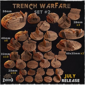 May include: A collection of miniature terrain pieces for tabletop gaming, featuring wooden structures and earthworks. The set includes various sizes, such as 50mm, 40mm, 32mm, 28mm, 25mm, and 60x35mm pieces. The text "TRENCH WARFARE SET #2" and "JULY RELEASE" are visible.