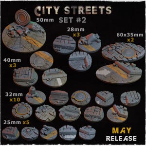 Puede incluir: Una colección de bases de calles de ciudad en miniatura en varios tamaños, incluyendo 50 mm, 28 mm, 60x35 mm, 40 mm, 32 mm y 25 mm. Las bases presentan texturas detalladas de pavimento agrietado, marcas viales y escombros. El texto "CITY STREETS" y "MAY RELEASE" son visibles.