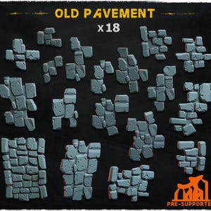 May include: A collection of eighteen gray, stylized stone pavement pieces, arranged on a dark background. The text "OLD PAVEMENT x18" is at the top. The pieces vary in size and shape, suitable for tabletop gaming or model building.