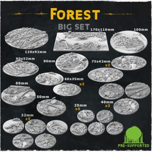 Puede incluir: Un conjunto de bases con temática de bosque en varios tamaños, incluyendo 170x110mm, 100mm, 120x92mm, y opciones más pequeñas hasta 25mm. Las bases presentan terreno detallado con árboles y follaje.