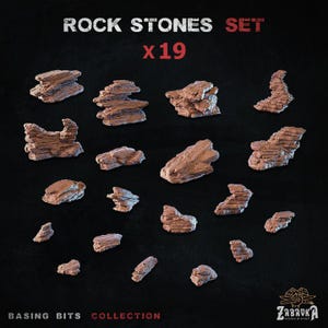 Puede incluir: Un conjunto de 19 piedras de roca marrones de varias formas, dispuestas sobre un fondo oscuro. El texto "ROCK STONES SET x19" está en la parte superior. Las palabras "BASING BITS COLLECTION" están en la parte inferior.