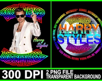 May include: Image featuring Harry Styles with the word "TOGETHER" in a rainbow gradient. The image includes a photo of Harry Styles wearing a white suit and sunglasses. A disco ball graphic with "HARRY STYLES TOGETHER" is also present.